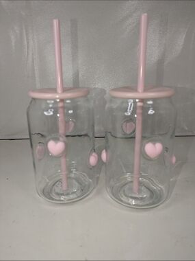 Viral Coquette Heart Glass Tumblers Pink Lid Straw Set of 2 Cute